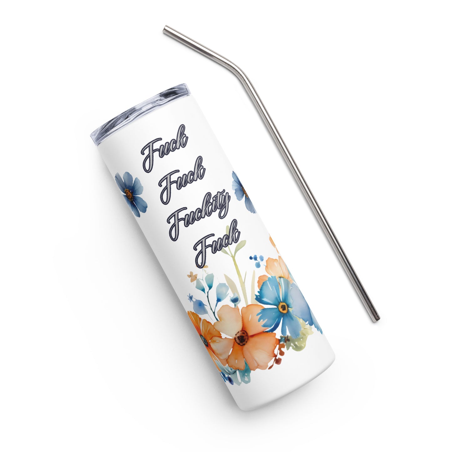 Fuckity Fuck orange and blue floral Stainless steel tumbler