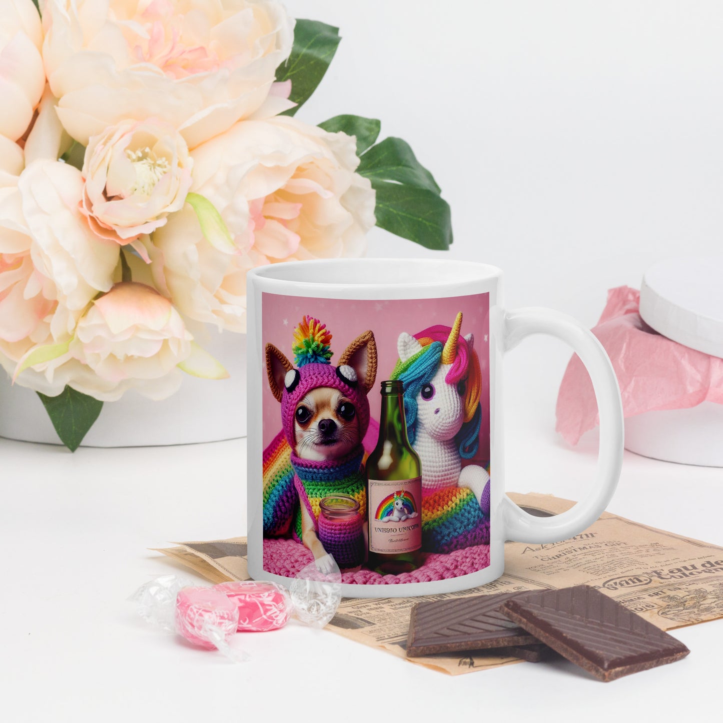 Crochet Unicorn and Chi White glossy mug