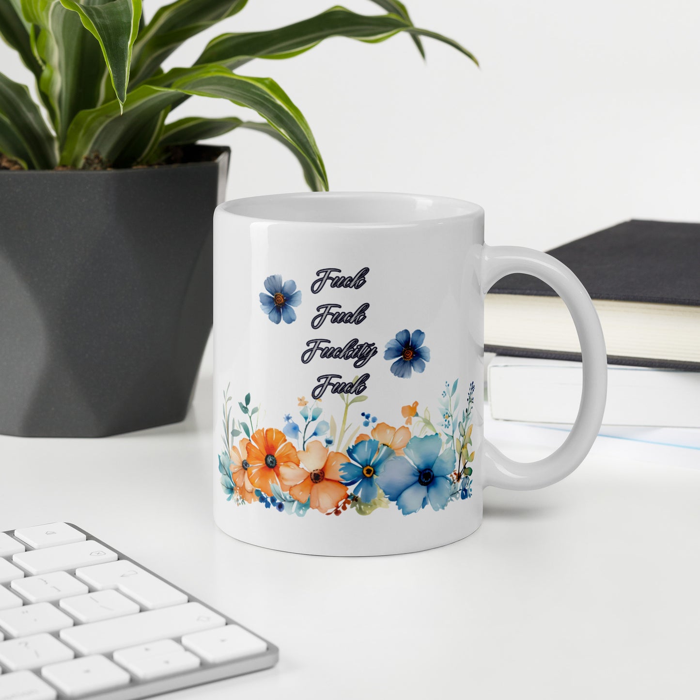 Fuckity Fuck Blue and Orange floral White glossy mug