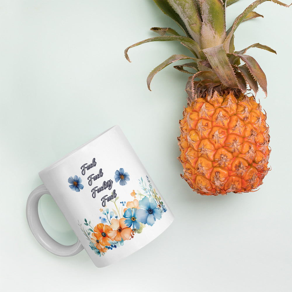 Fuckity Fuck Blue and Orange floral White glossy mug