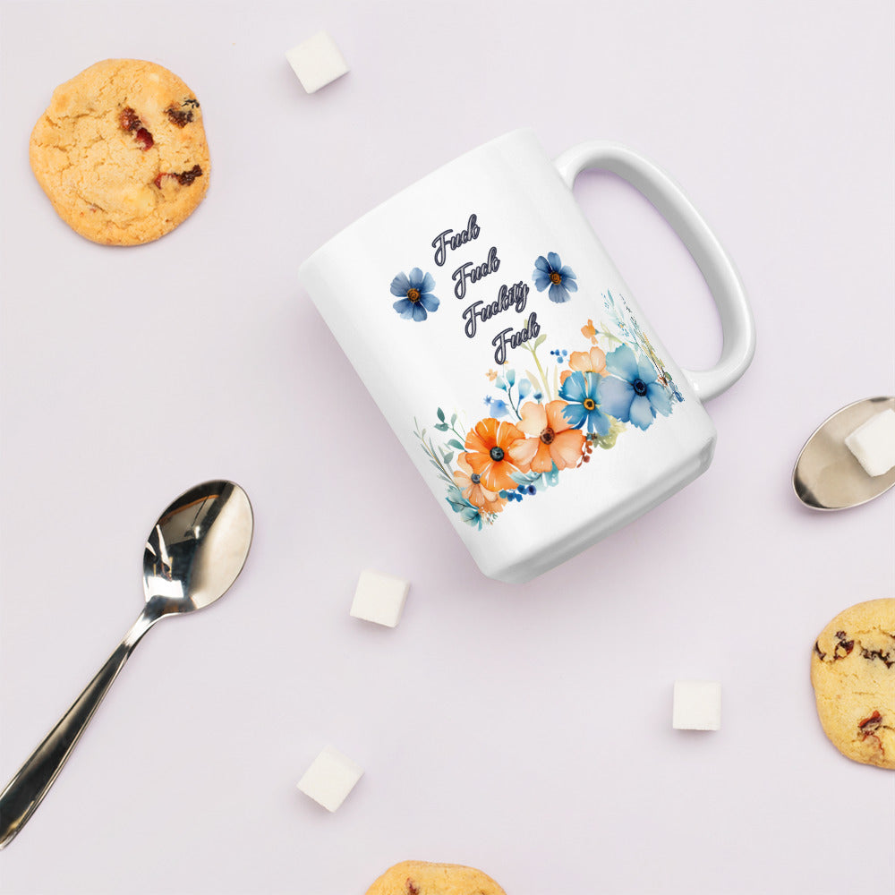 Fuckity Fuck Blue and Orange floral White glossy mug