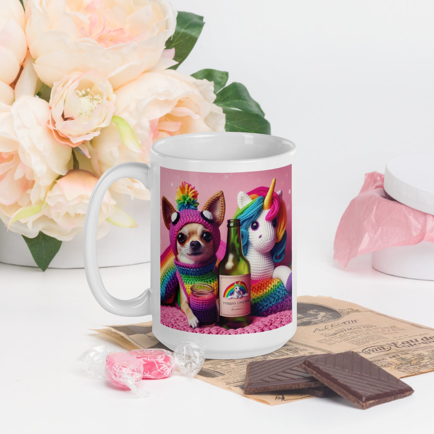 Crochet Unicorn and Chi White glossy mug