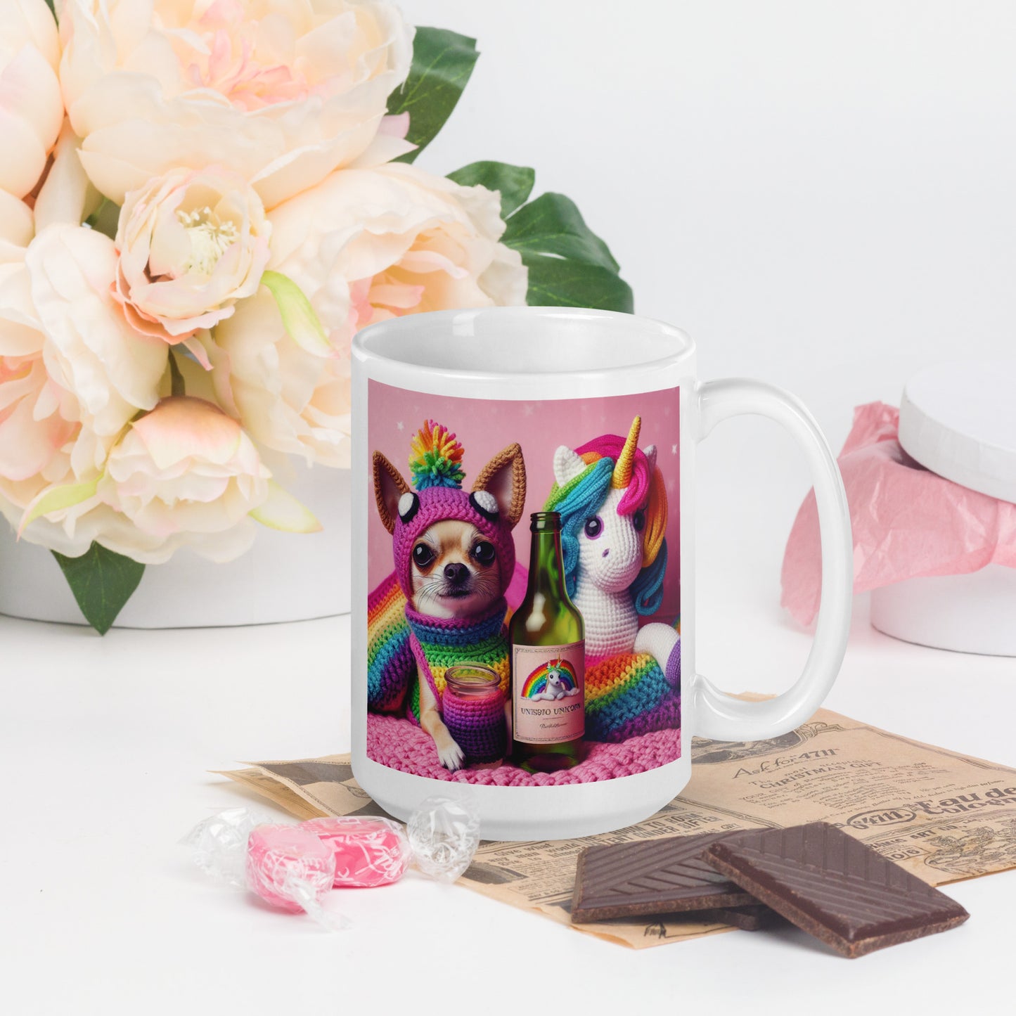 Crochet Unicorn and Chi White glossy mug