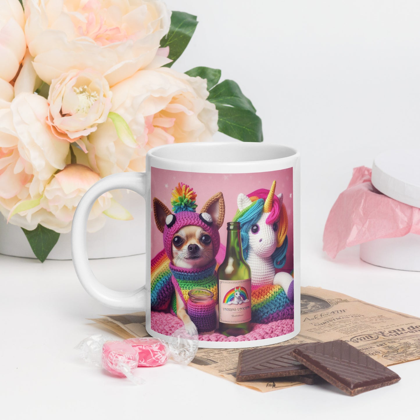 Crochet Unicorn and Chi White glossy mug