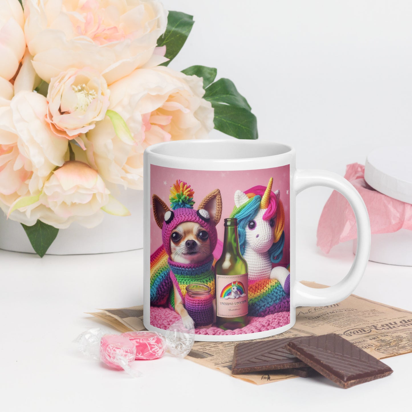 Crochet Unicorn and Chi White glossy mug